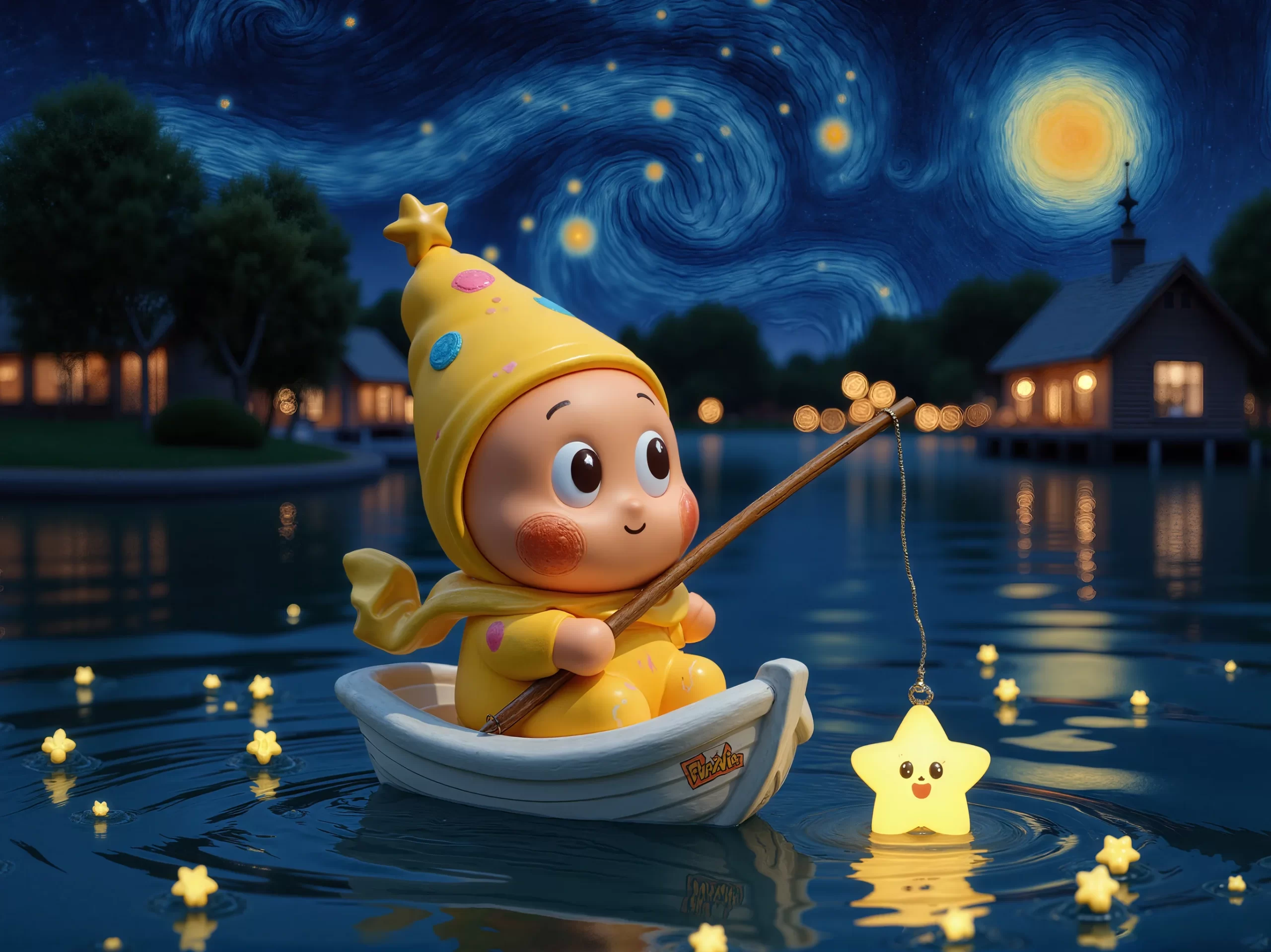 星夜钓星，萌娃泛舟 4K 治愈 3D 插画壁纸