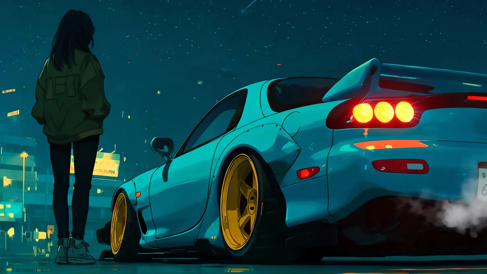 夜驰霓虹，JDM 跑车少女 4K 动漫插画壁纸