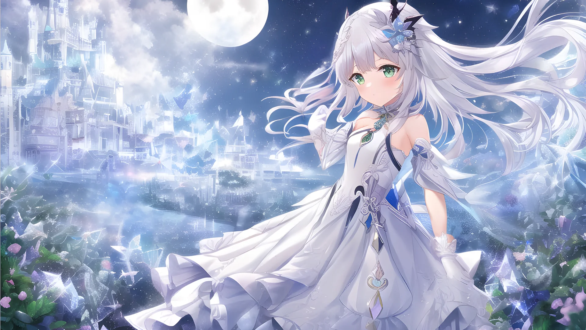 月城银羽，银发少女月夜城堡 4K 动漫插画壁纸