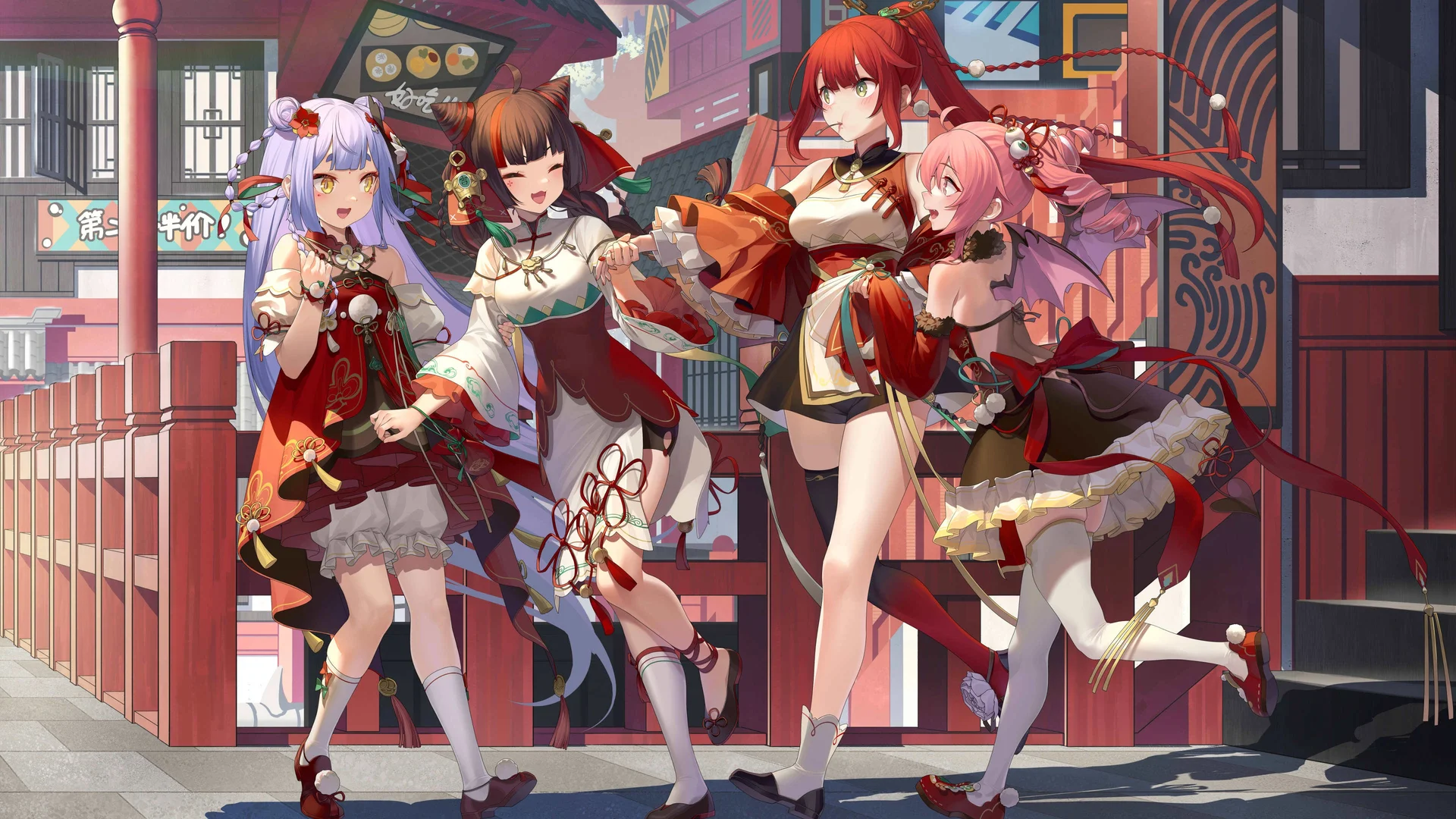 红妆巷语，四少女国风 4K 动漫插画壁纸