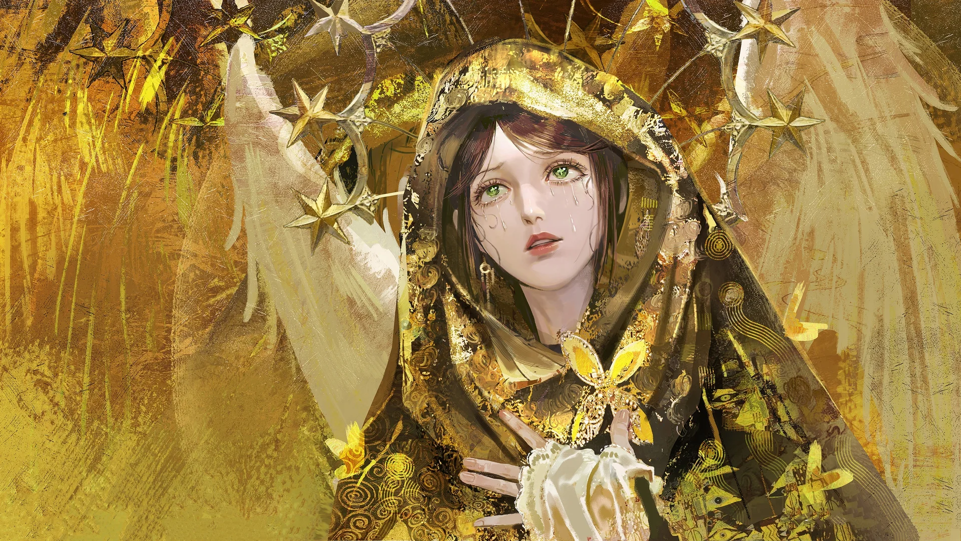 鎏金圣泪，圣像 4K 复古插画壁纸