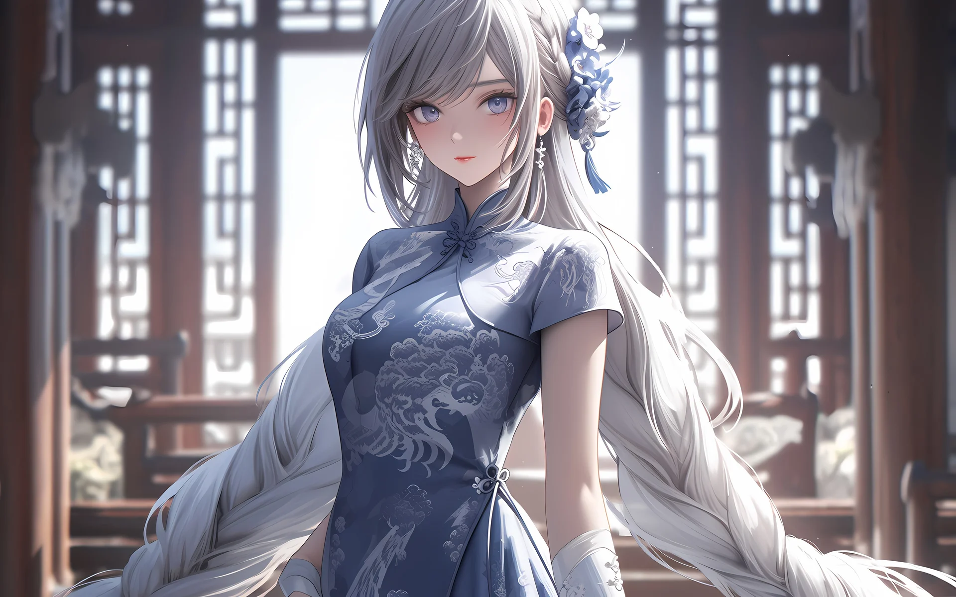 青花素影，蓝旗袍银发少女 4K 动漫插画壁纸