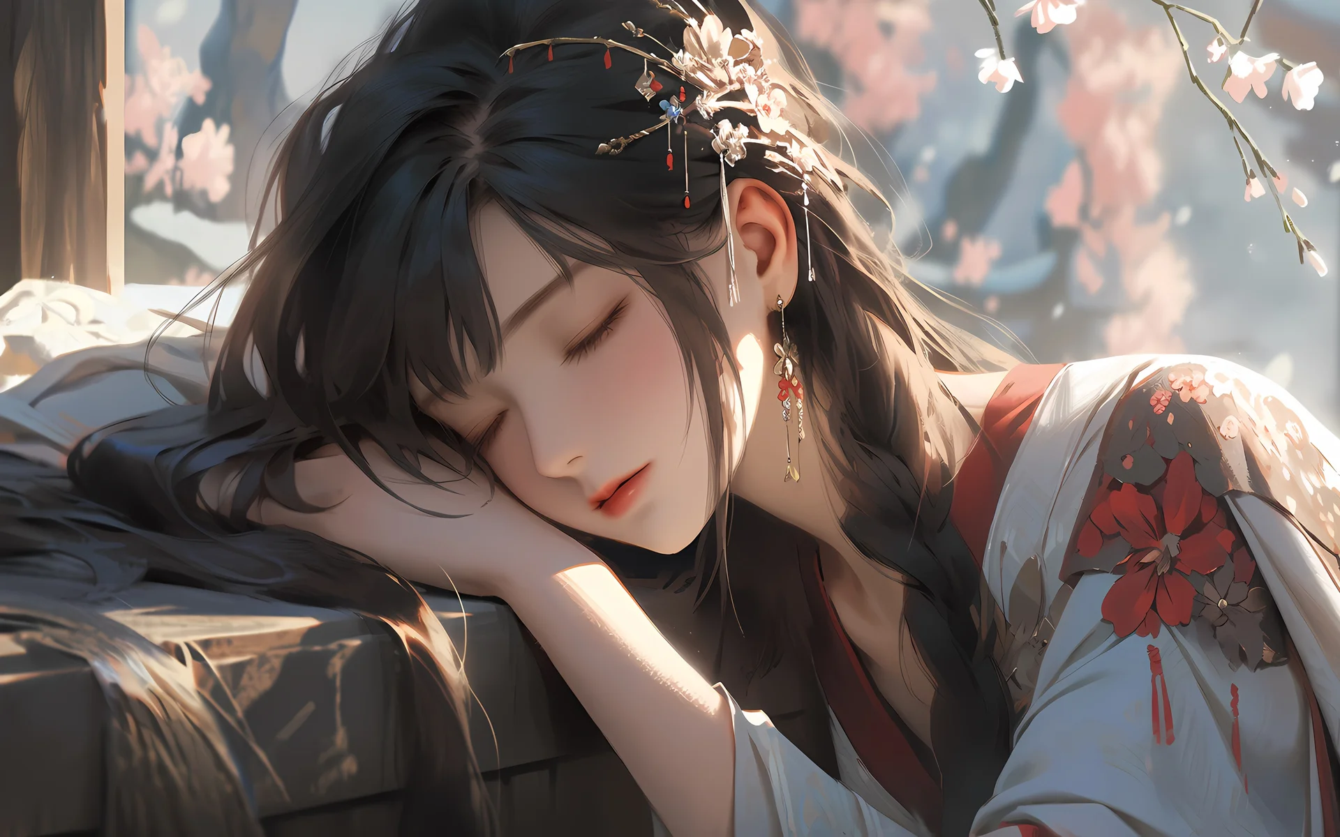 春眠樱落，酣睡古风少女 4K 动漫插画壁纸