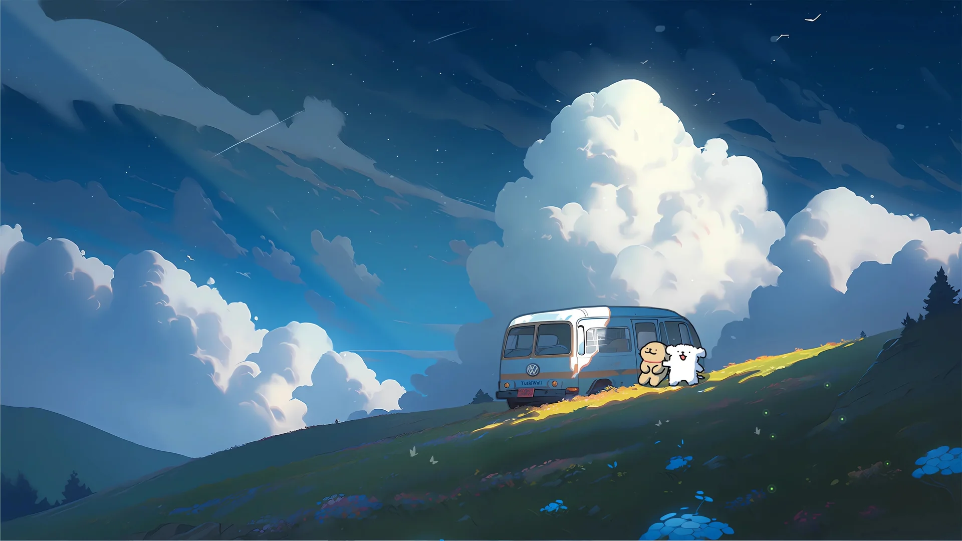 星野旅伴，星空巴士 4K 治愈插画壁纸