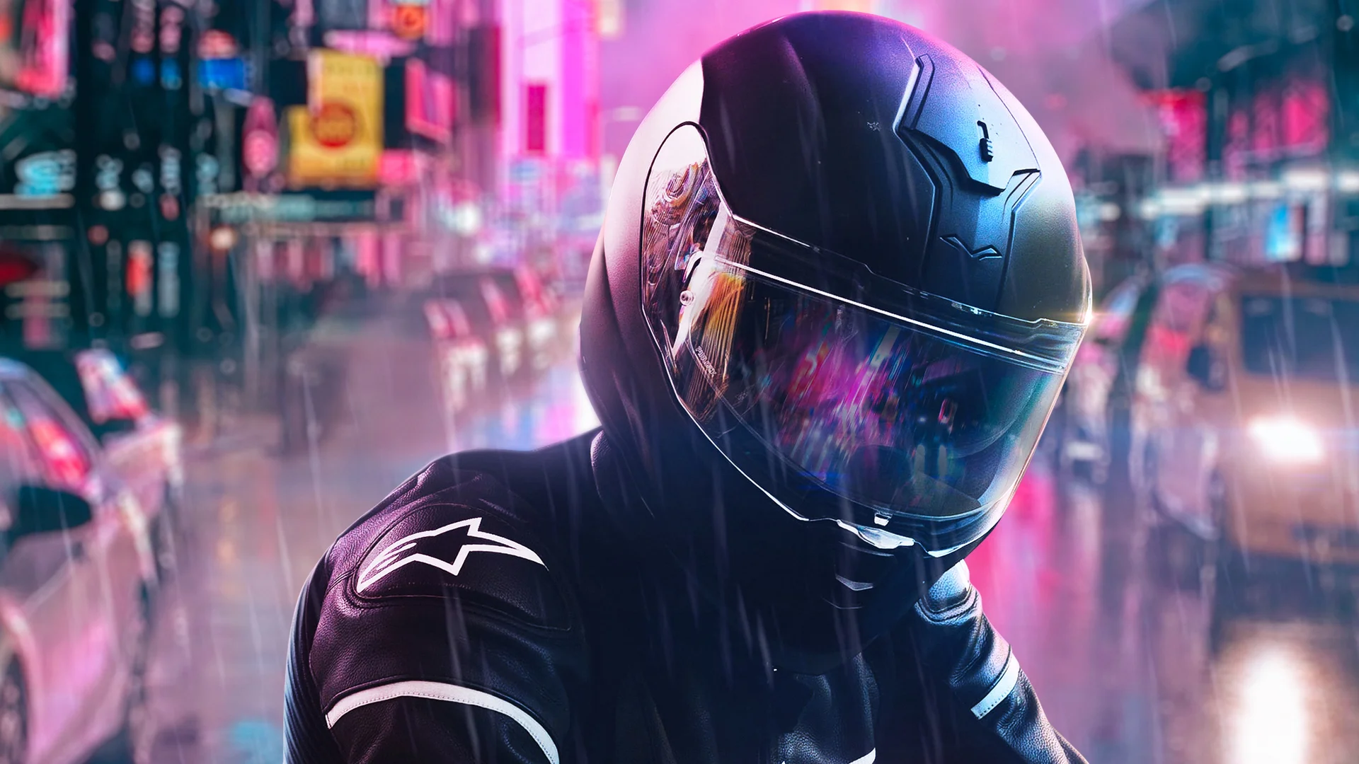 霓虹雨夜，赛博朋克机车手 4K 插画壁纸4K壁纸_4K动漫