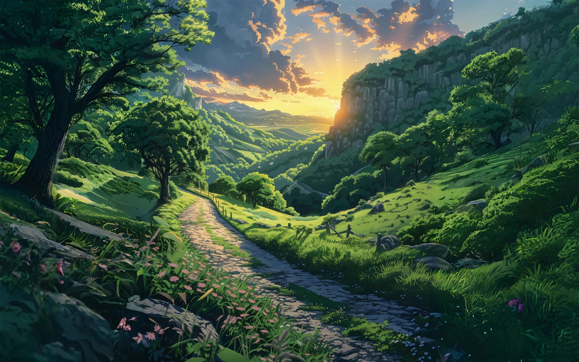 绿野朝晖，吉卜力风山谷日出 4K 插画壁纸