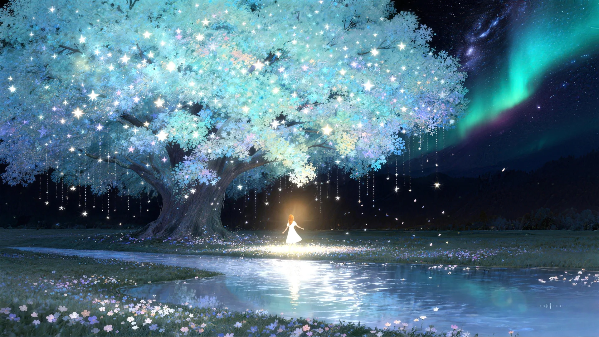 星落银树，星树极光 4K 治愈插画壁纸