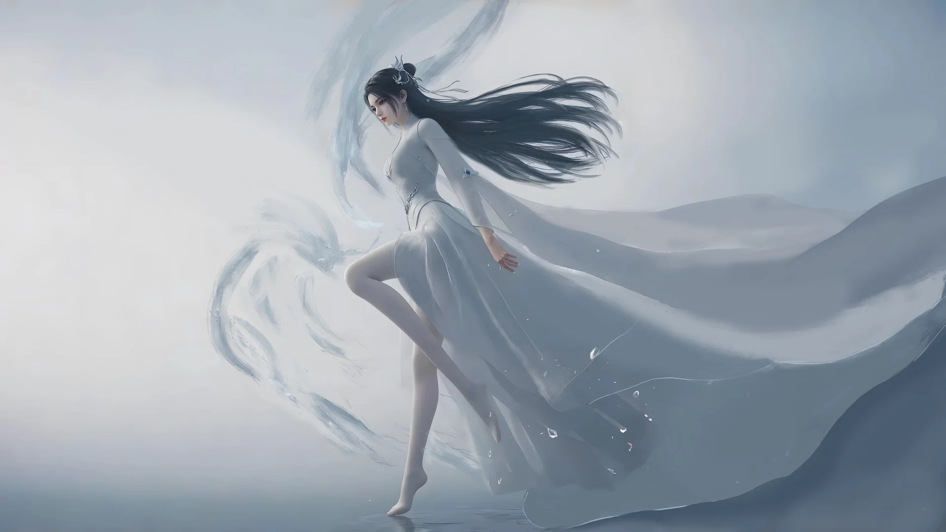 云韵 水云间，古风白衣女子 4K 插画壁纸