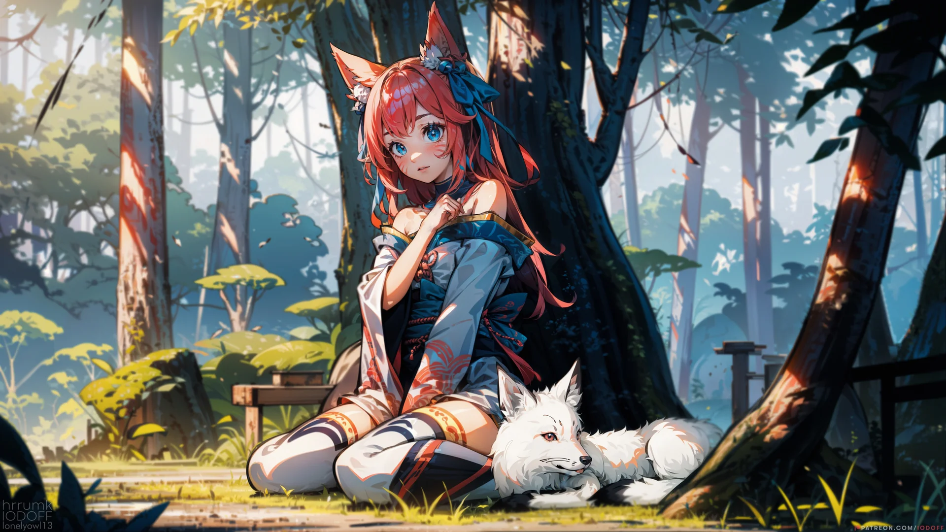 林栖狐语，森林狐耳少女 4K 插画壁纸