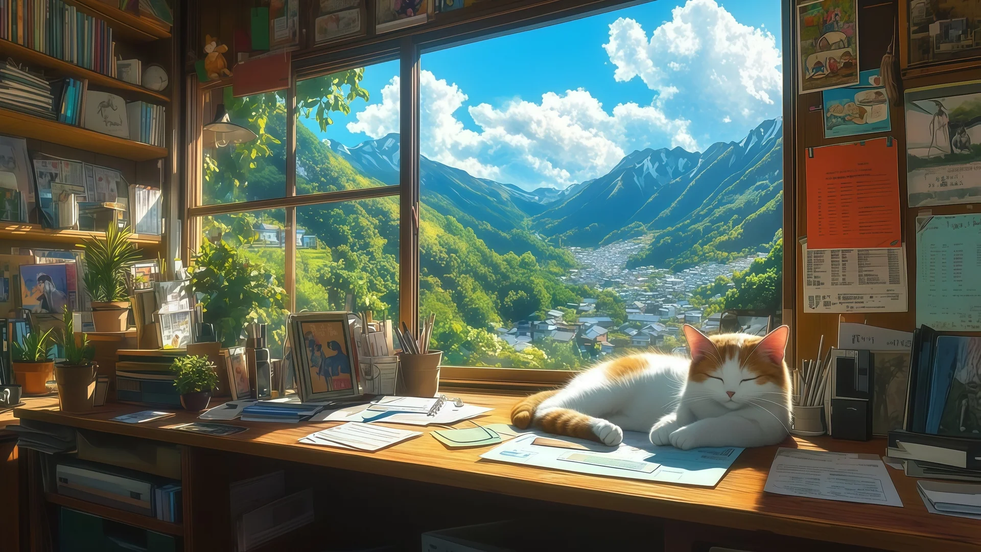 晴窗懒猫，窗边书桌与橘猫 4K 插画壁纸