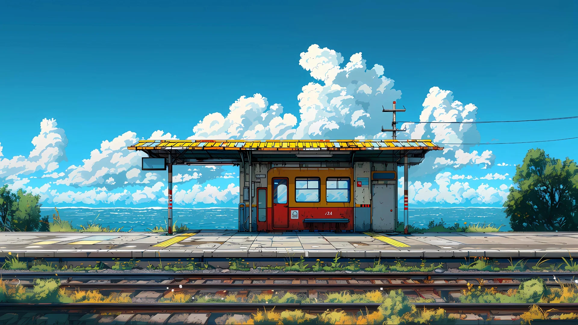 海畔候站,海边车站 4K 插画壁纸4K壁纸_4K动漫