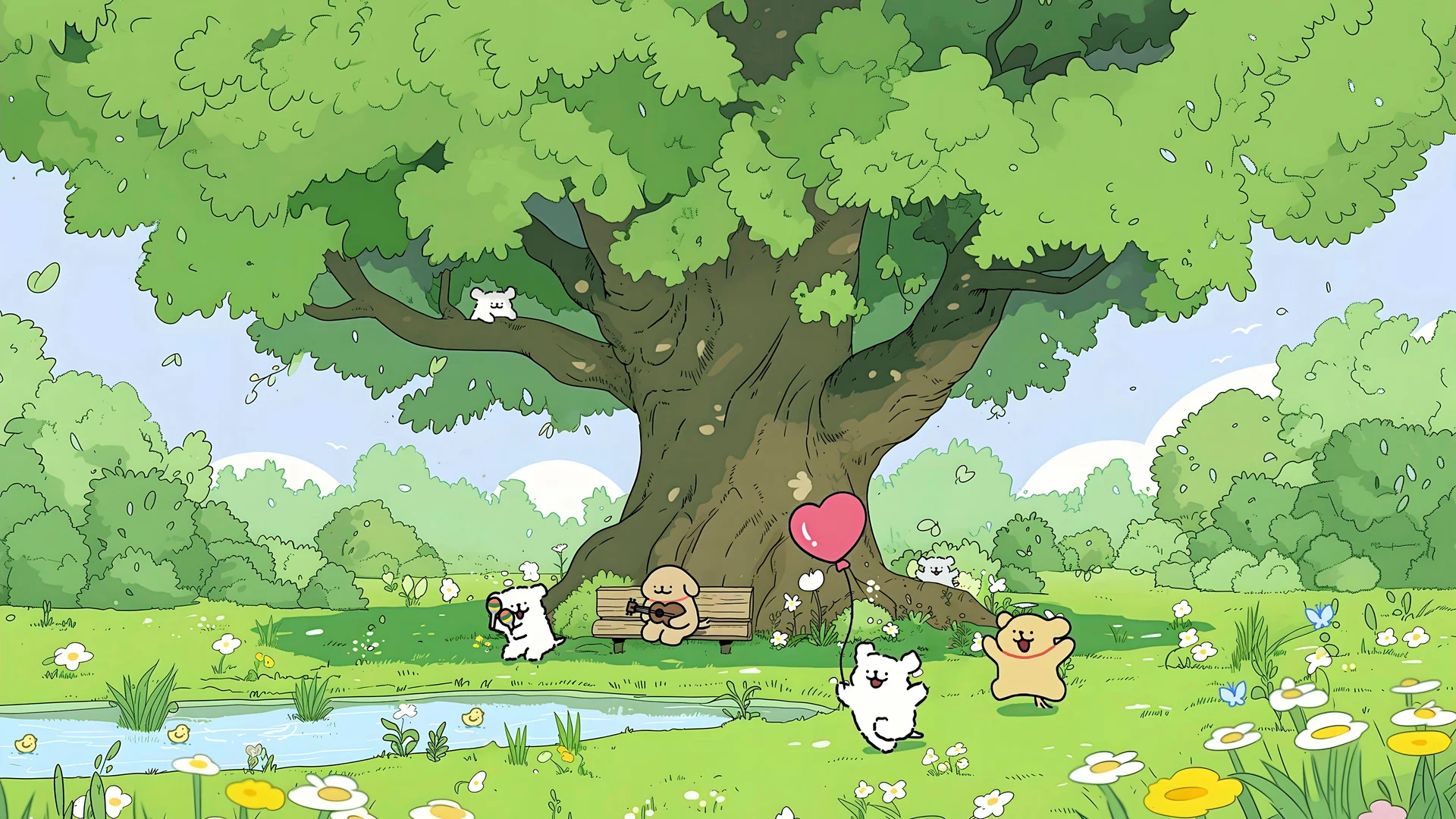 春野嬉游，线条小狗春日森林 4K 插画壁纸