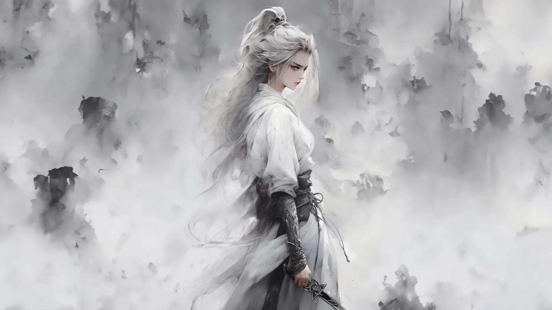 云间剑影，白发侠女 4K 古风插画壁纸