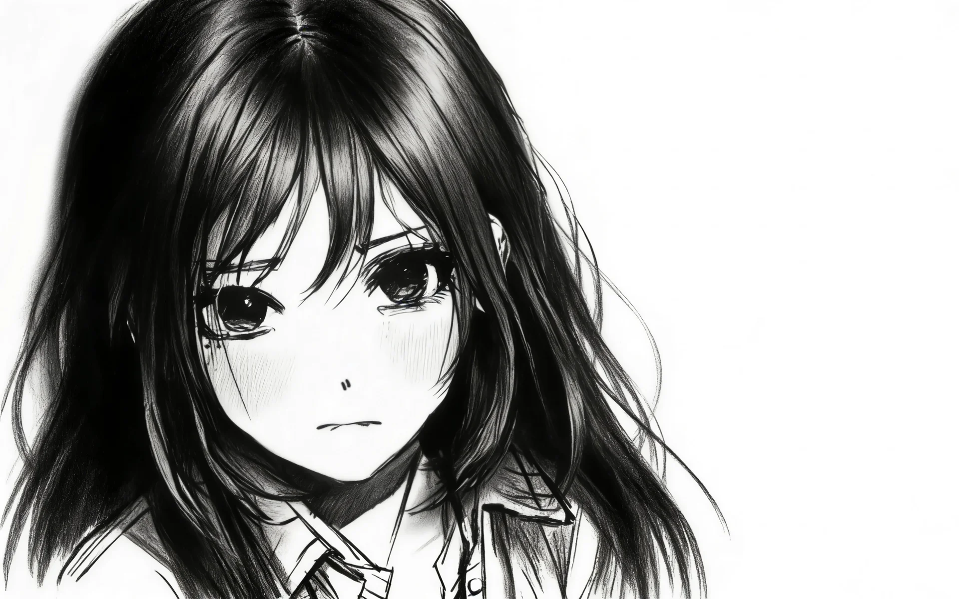 墨色清颜，黑白少女素描 4K 插画壁纸