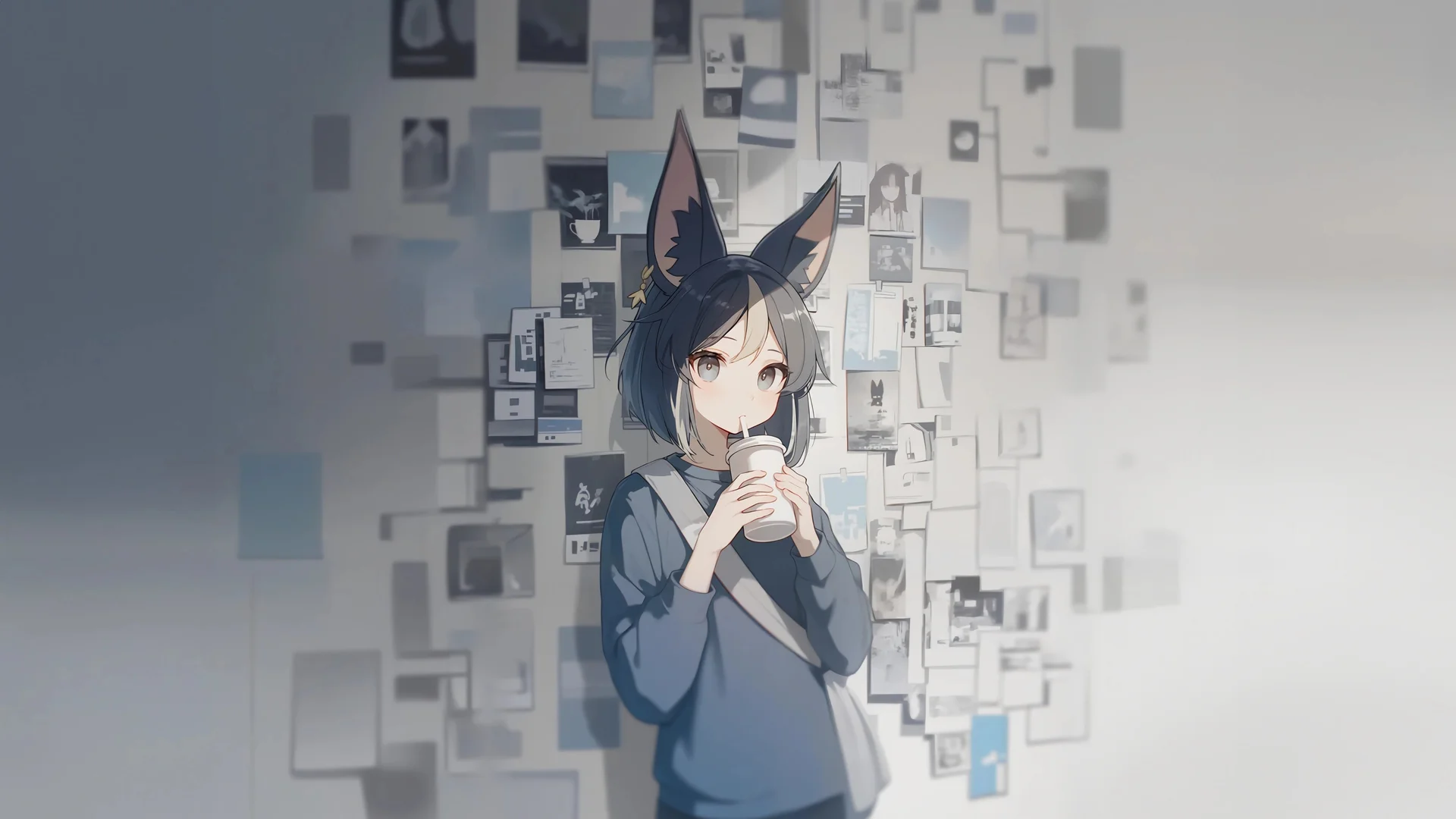 巷隅暖饮，兔耳少女喝奶茶 4K 插画壁纸