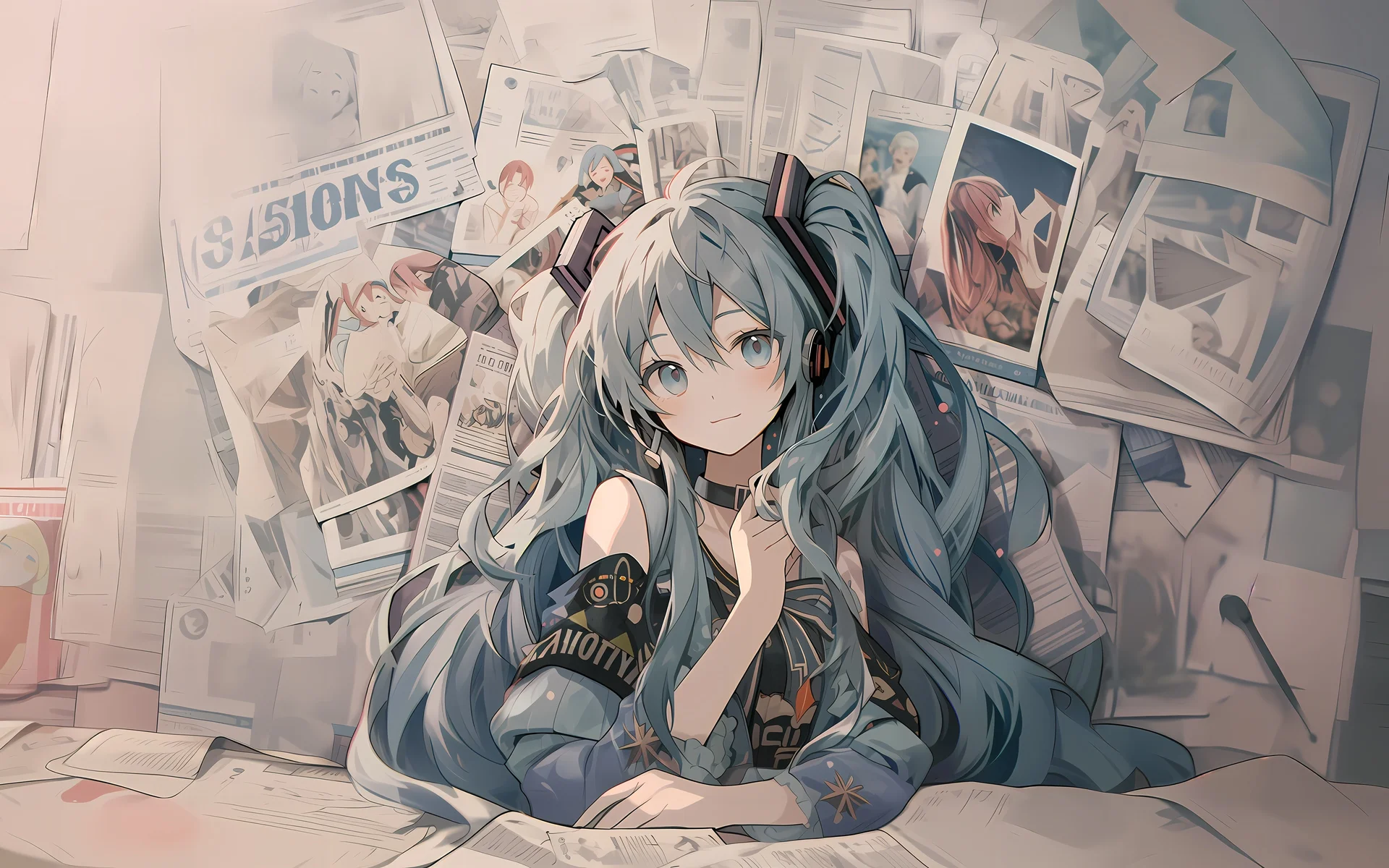 报海初音，初音未来报纸墙 4K 插画壁纸