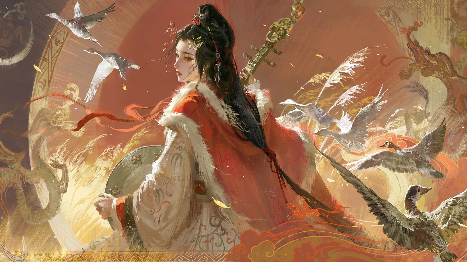 雁鸣红妆，古风红衣侠女 4K 插画壁纸