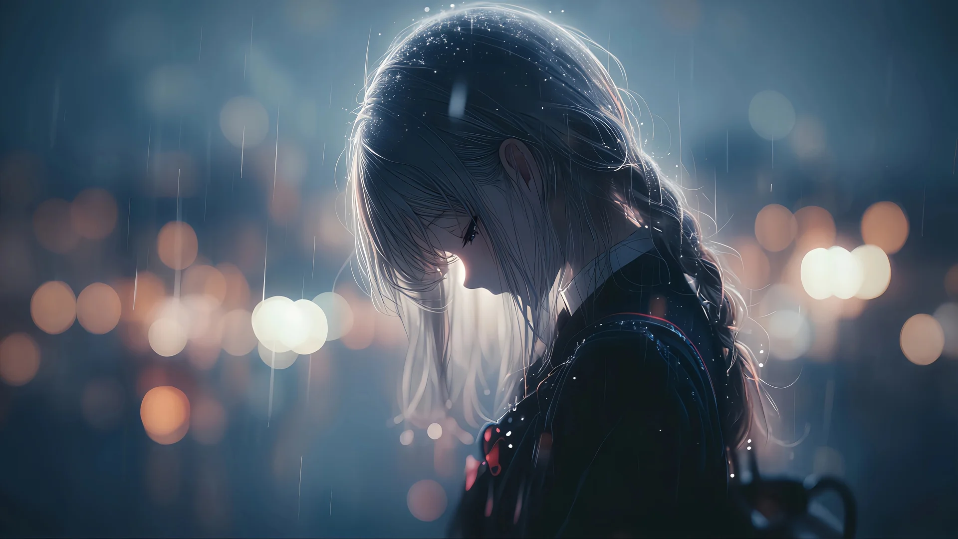 雨落微光，雨夜银发少女 4K 插画壁纸