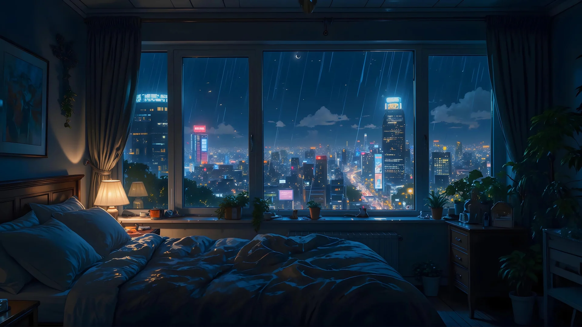 窗畔听雨，雨夜都市卧室 4K 插画壁纸4K壁纸_4K背景