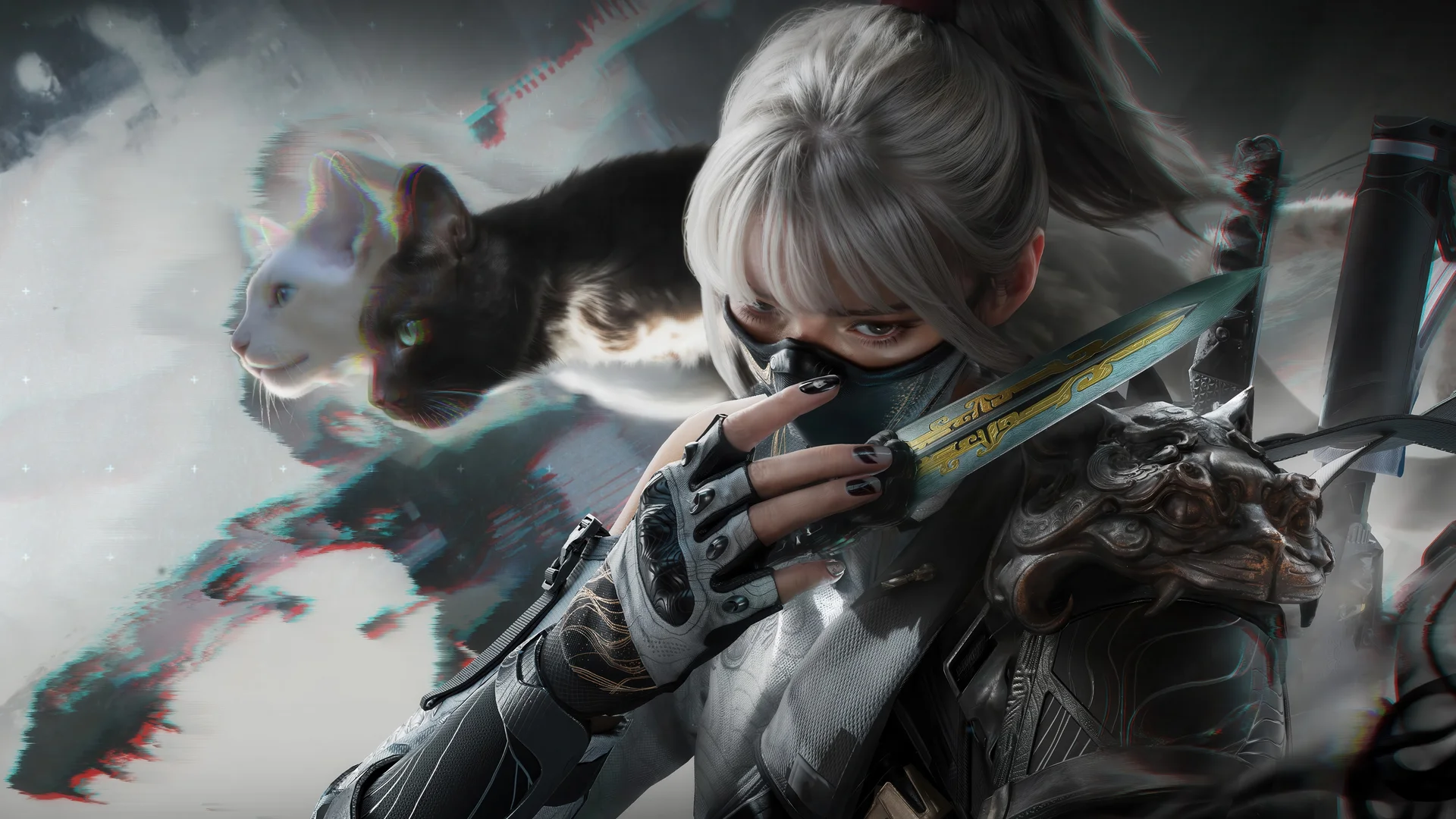 双生猫影，赛博忍者少女 4K 插画壁纸