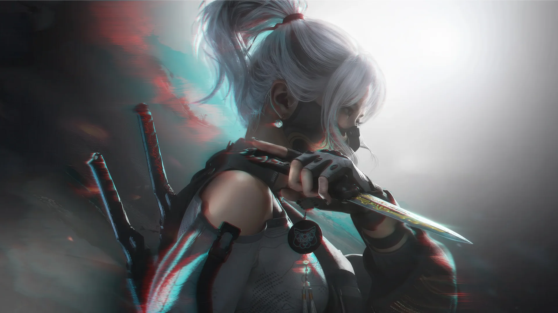 双生猫影，赛博忍者少女 4K 插画壁纸