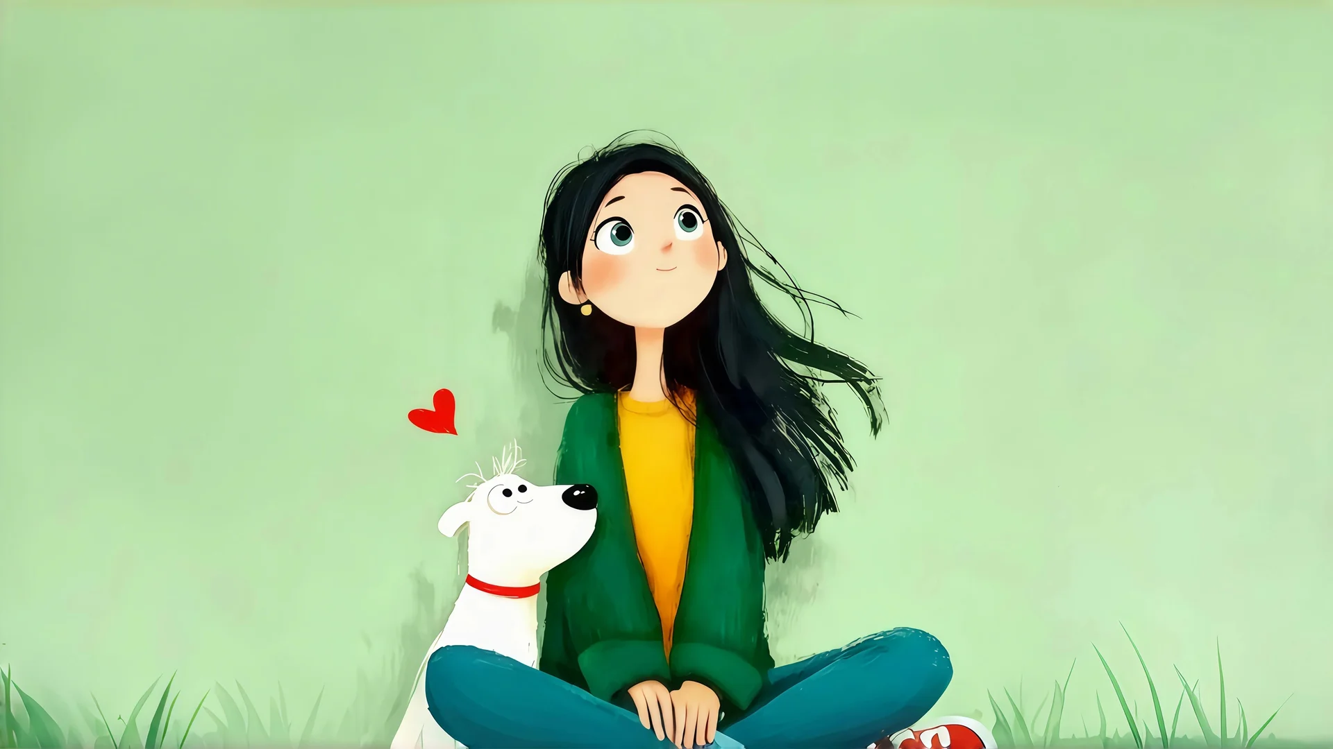 青柠暖伴，少女与小狗 4K 治愈插画壁纸