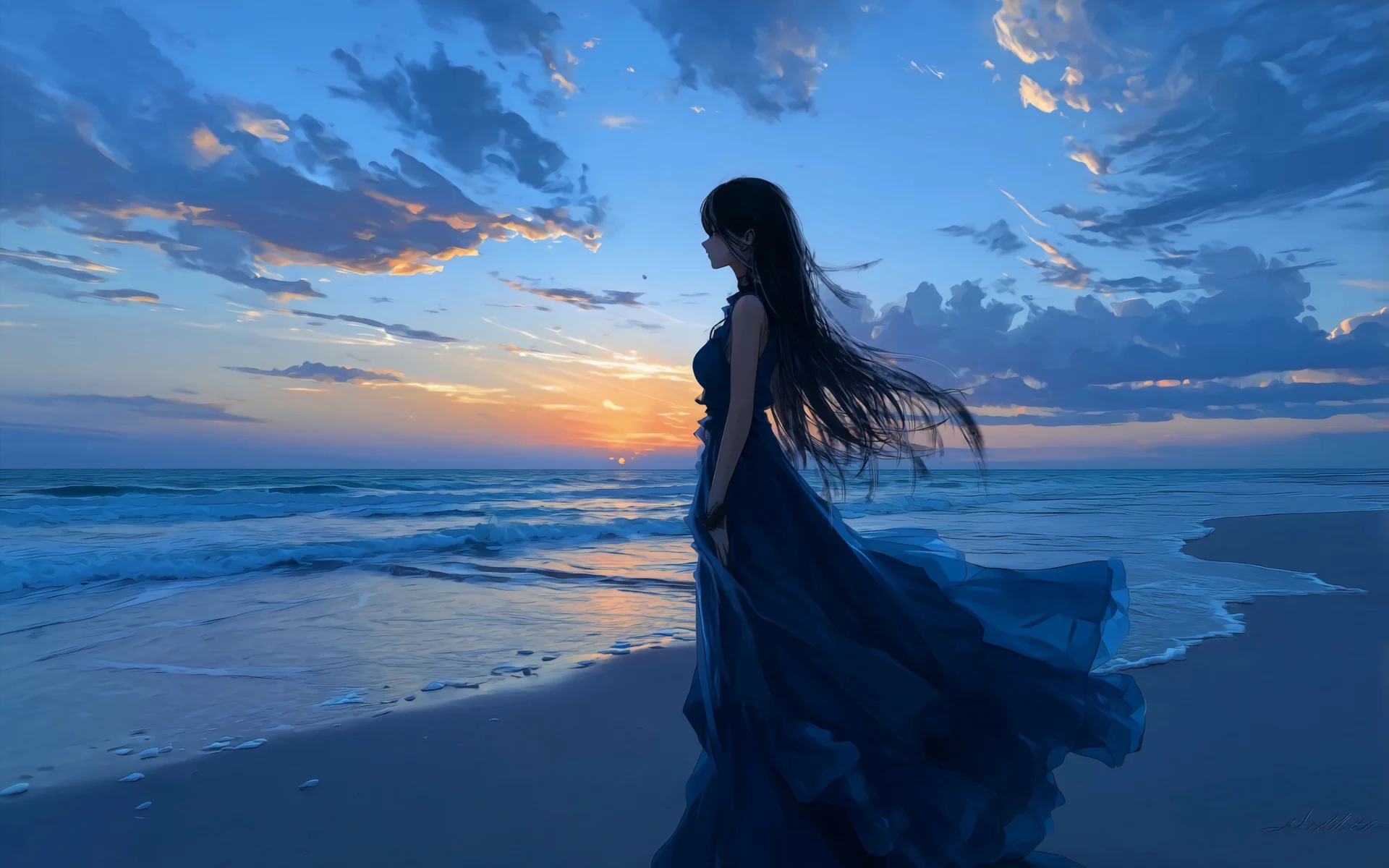海暮蓝裙，海边落日少女 4K 插画壁纸