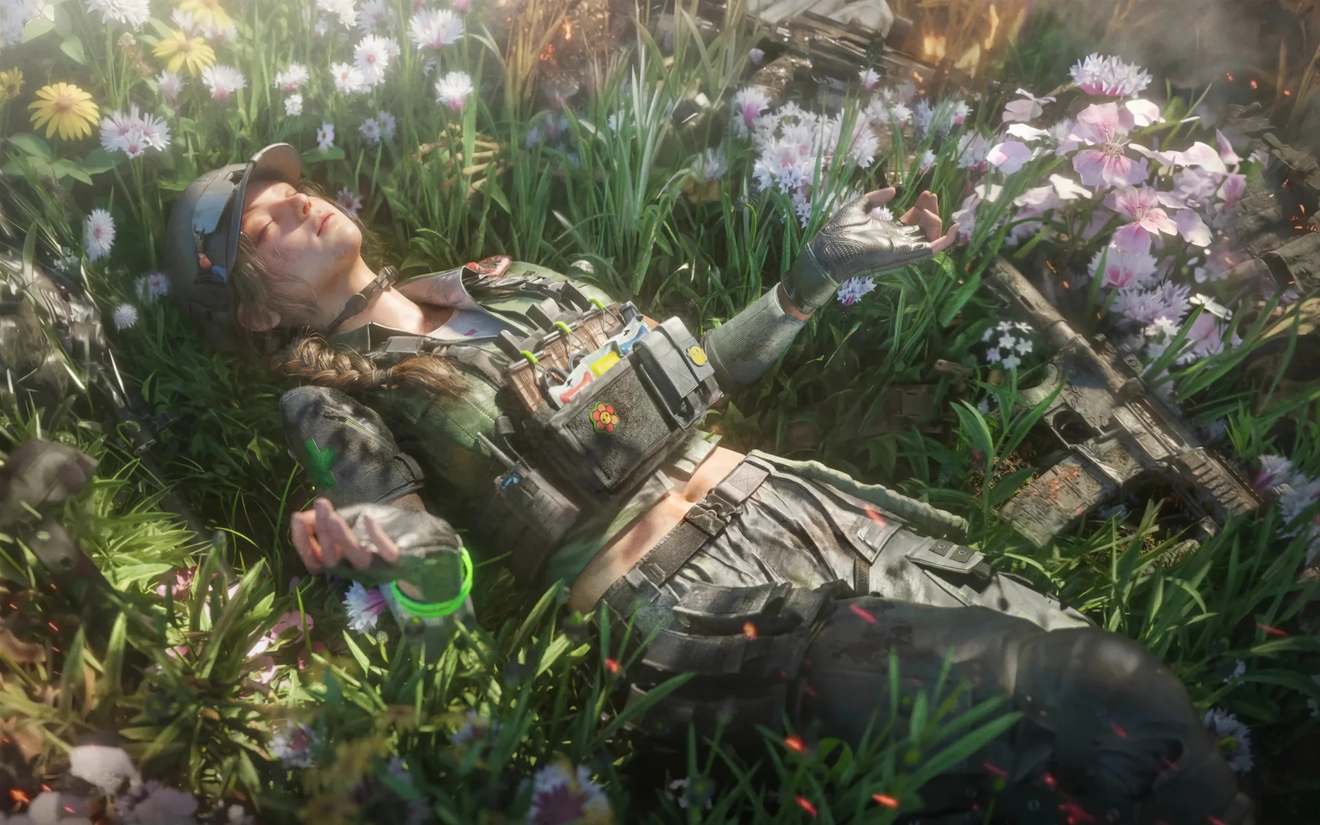 花下归息，战地少女花丛小憩 4K 插画壁纸