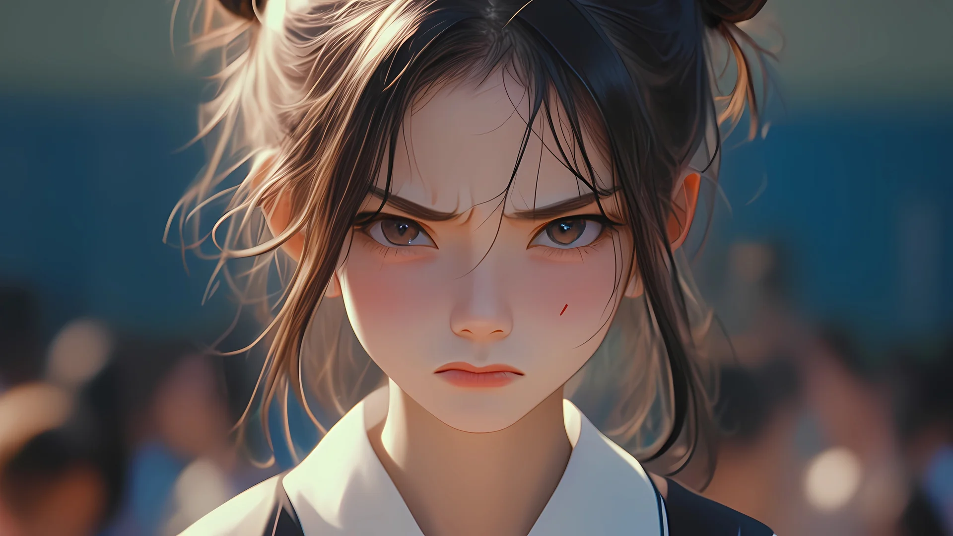 怒颜少女，元气双丸子头 4K 插画壁纸