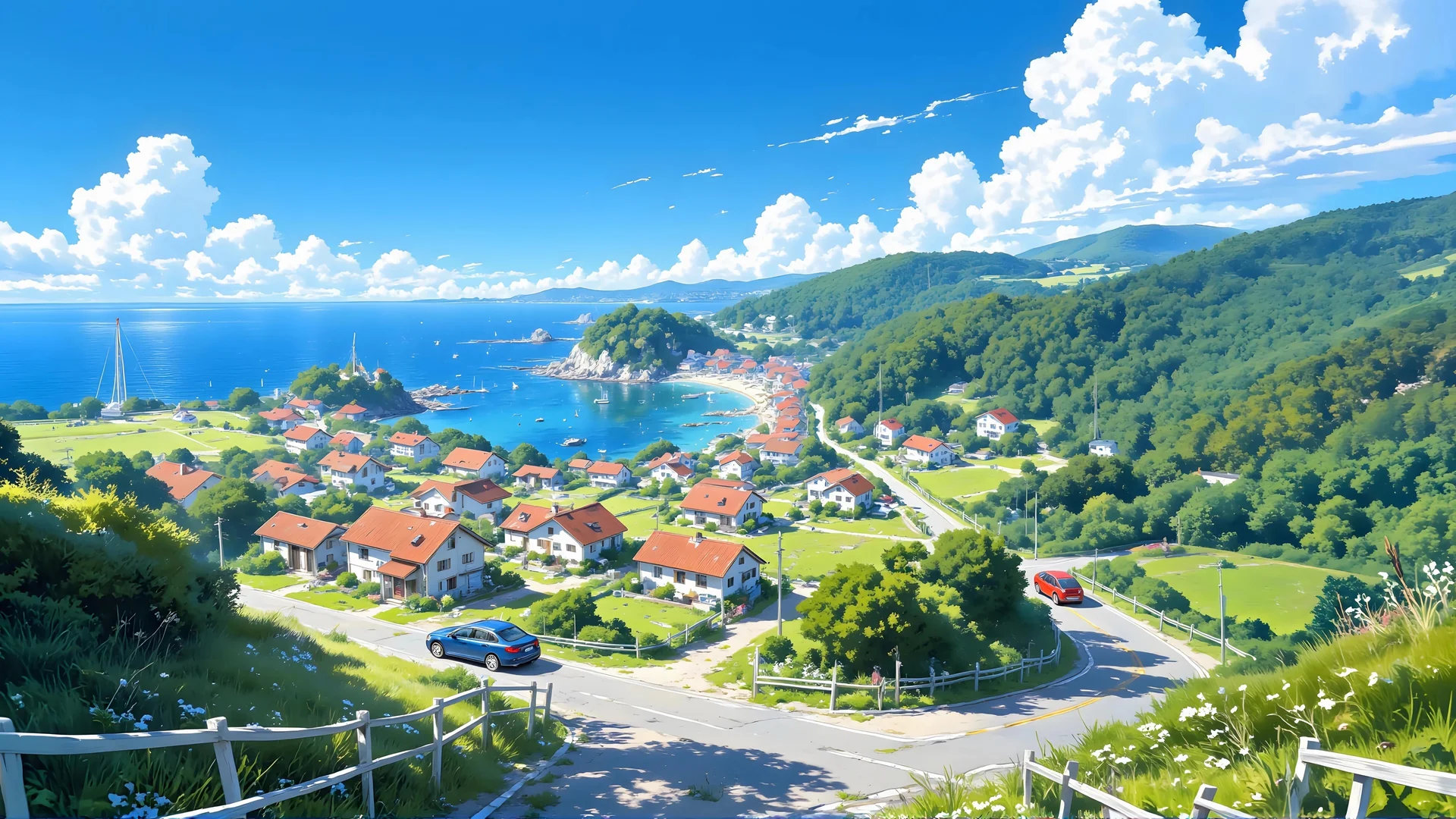 海隅小镇，夏日海滨治愈系 4K 风景壁纸