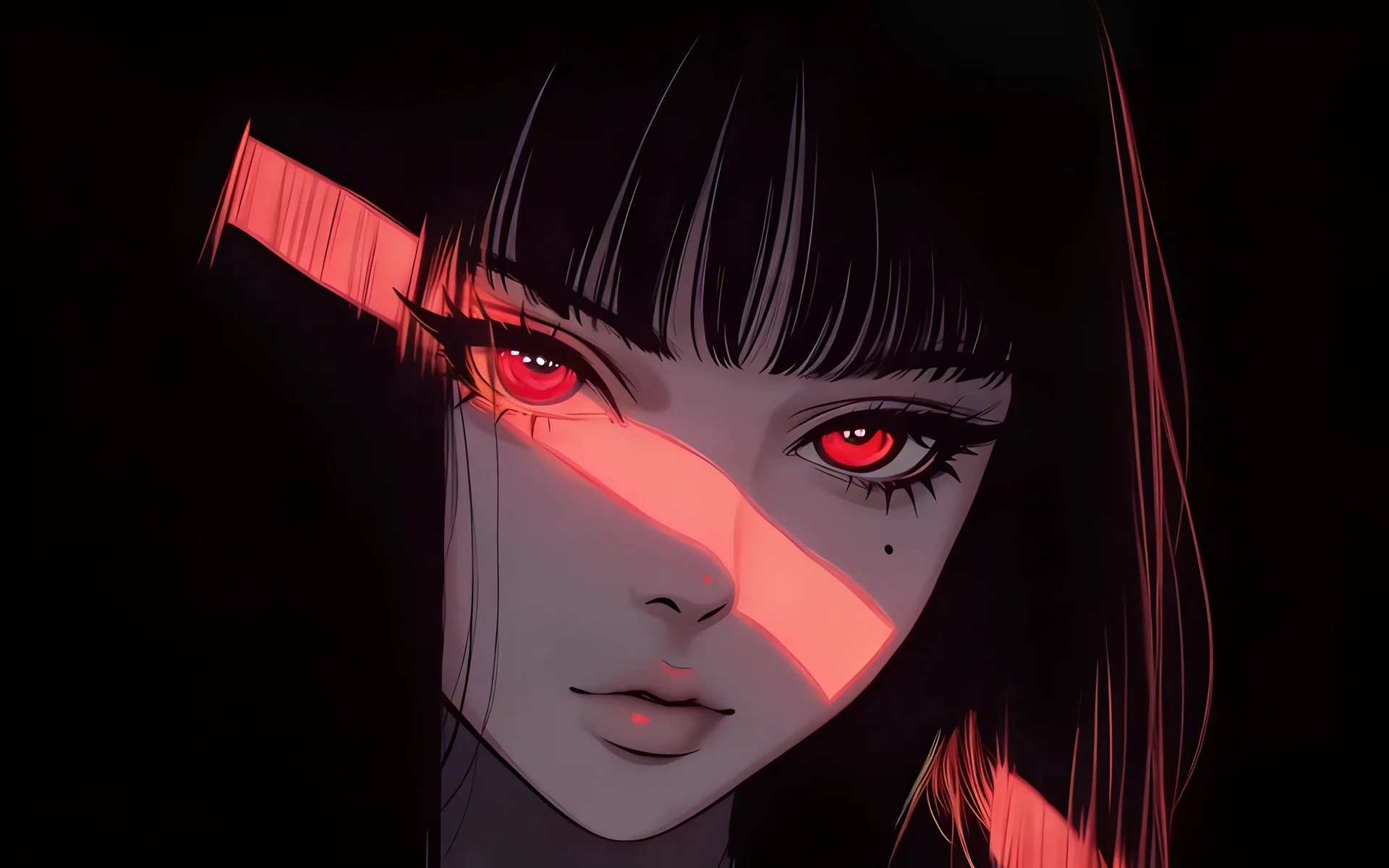 绯光凝视，霓虹红瞳少女 4K 极简插画壁纸