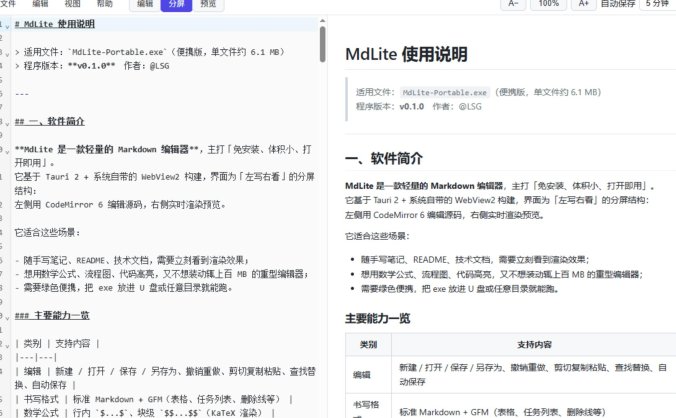 MdLite 轻量 Markdown 编辑器 免安装便携 Markdown 写作工具