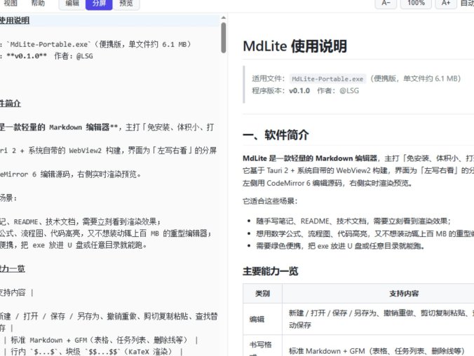 MdLite 轻量 Markdown 编辑器 免安装便携 Markdown 写作工具